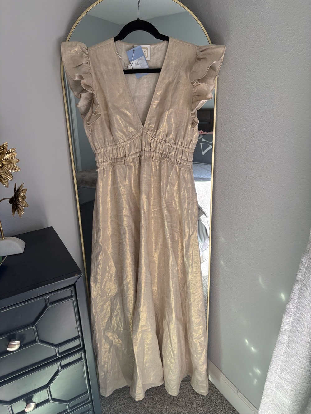 Sail to Sable Elegant Cream Flutter-Sleeve Maxi Dress linen - Picture 4 of 8